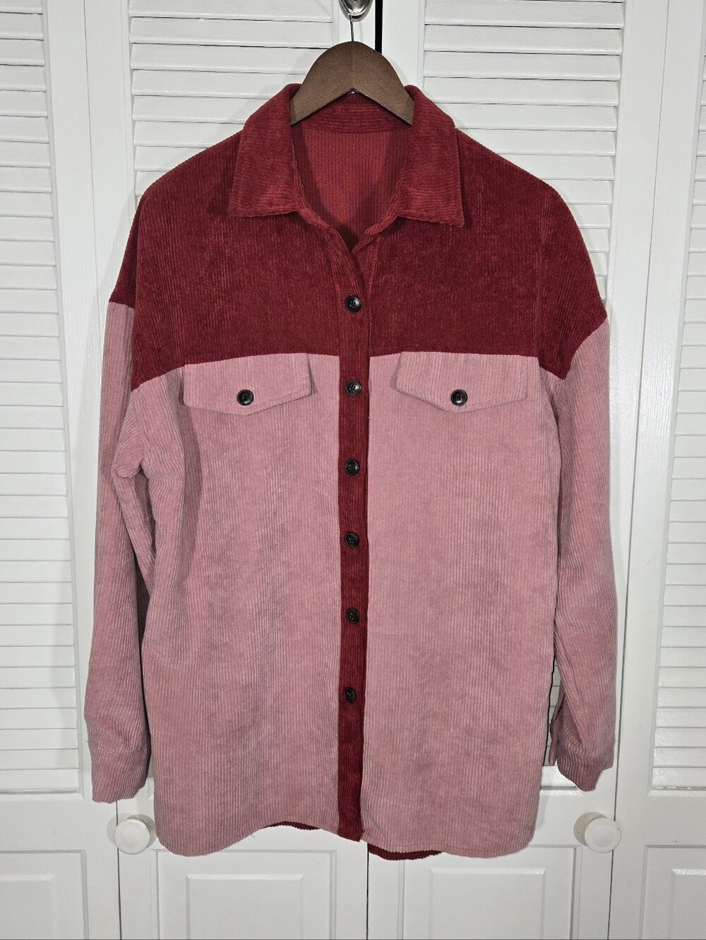 No Brand Two-Tone Corduroy Shirt Jacket Rose Maroon Button Up Sz L